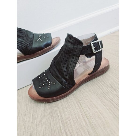 Miz Mooz Fifi Black Leather Peep Open Toe Gladiator Sandals Shoes 37 7 Wide Stud - Picture 2 of 10